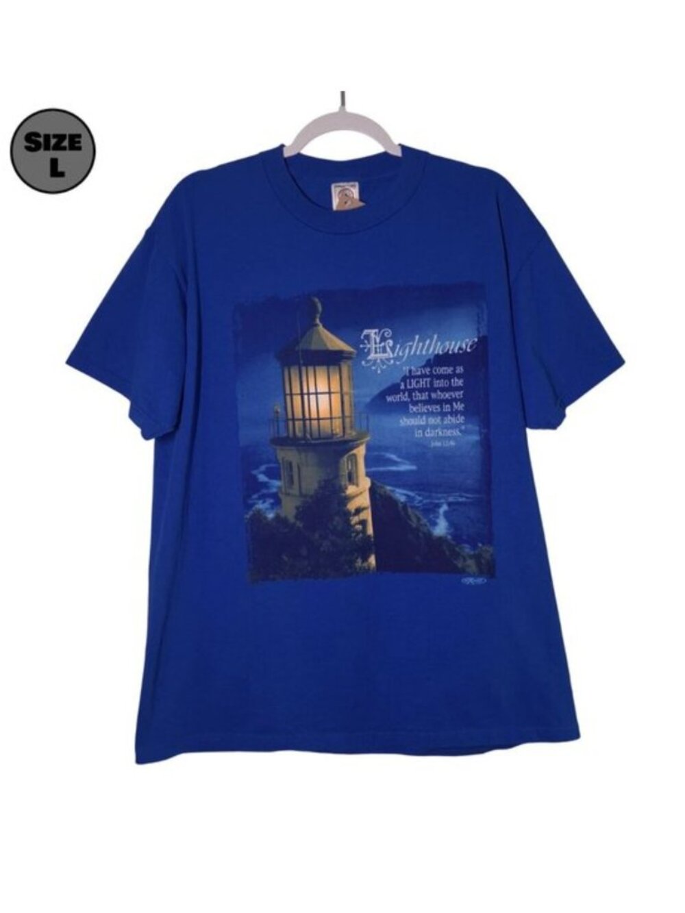 Exalt Gear: Lighthouse John 12:46 USED Shirt (L, Blue, Y2K, Jesus, Religion)